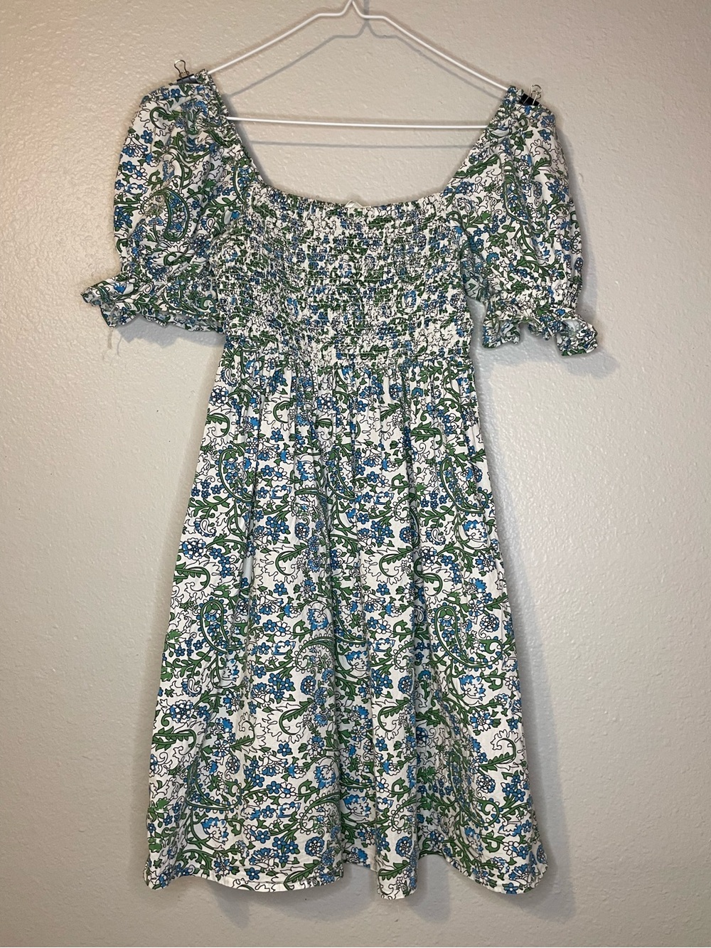 Smocked White Mini Dress with Blue & Green Paisley